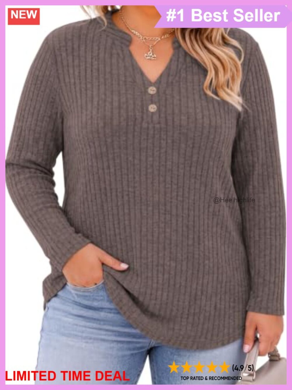 Plus Size Brushed Ribbed Knit Henley V Neck Long Sleeve Tunic Top